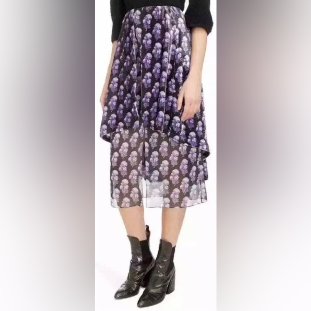 LUXE NWT CHLOE PURPLE FLUID VELVET & SILK FLORAL PRINT MIDI SKIRT SIZE 38